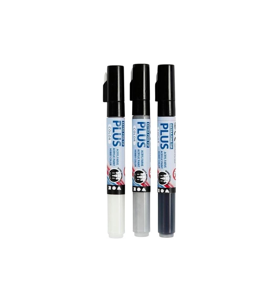CREATIV COMPANY - Marqueur acrylique Plus Color 0.7 mm Ensemble de 3, blanc/gris/noir
