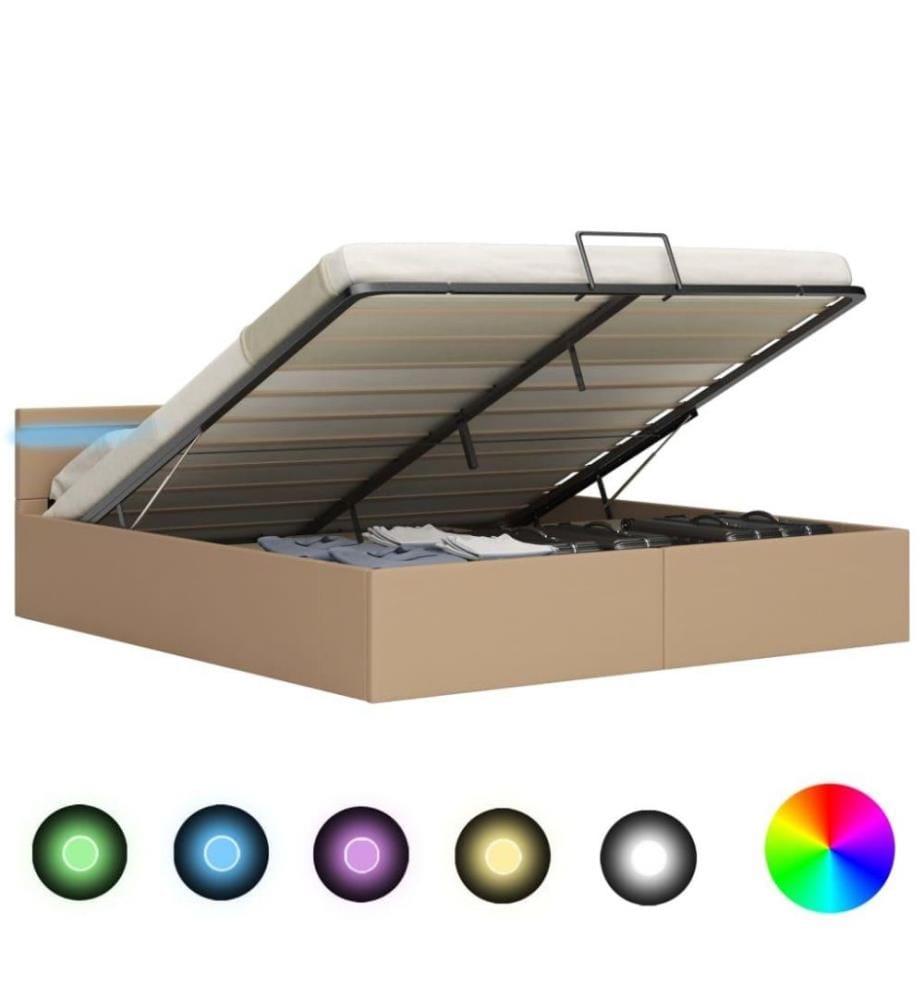 Cadre de lit à rangement et LED Cappuccino Similicuir 160x200cm