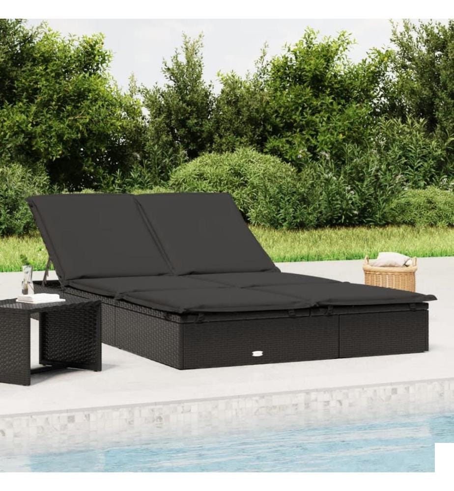 Chaise longue à 2 places avec coussins noir résine tressée