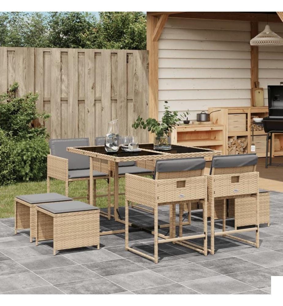 Ensemble à manger de jardin et coussins 9 pcs mélange beige