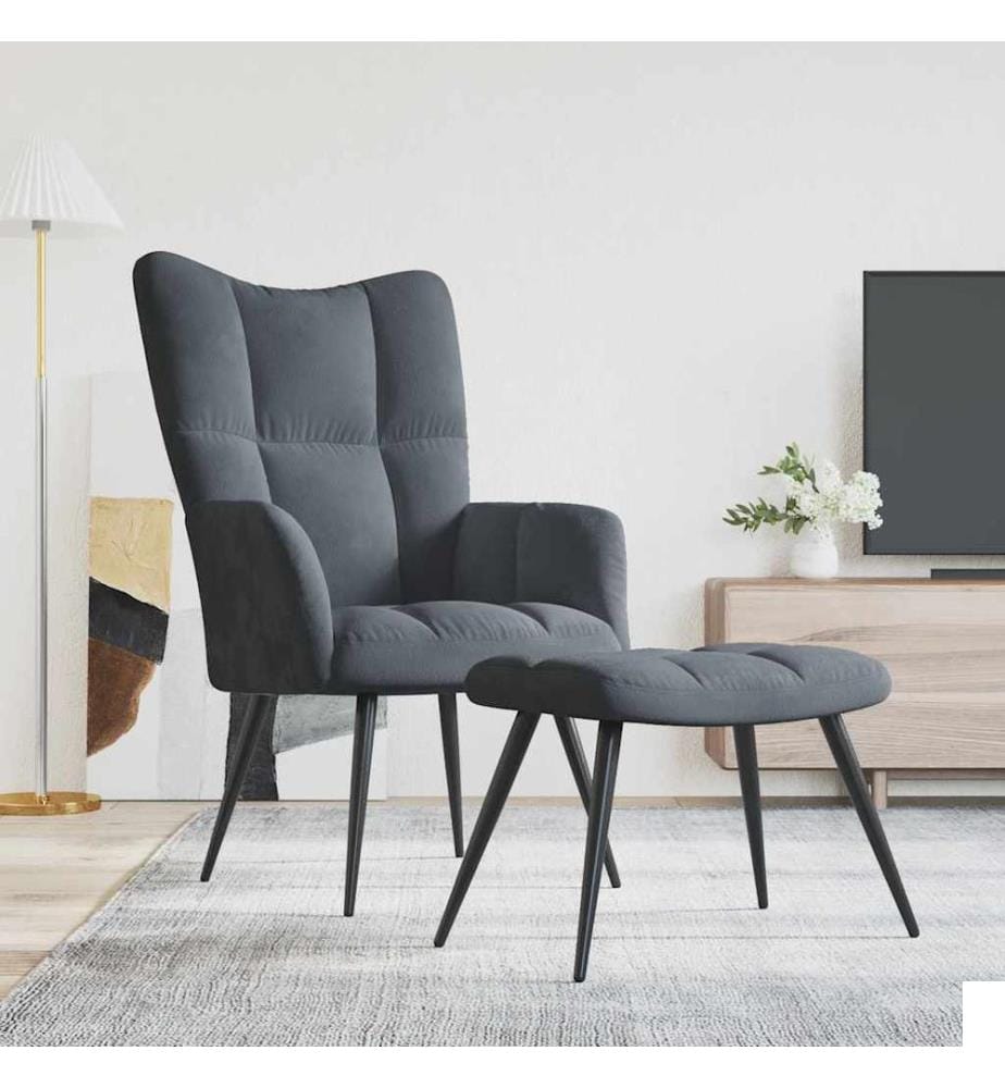 Chaise de relaxation avec tabouret Gris foncé Velours