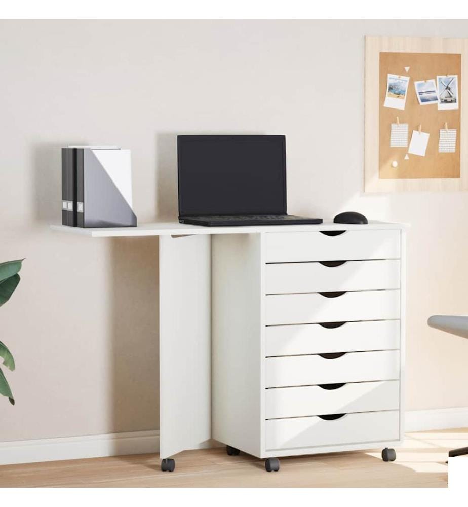 Armoire roulante avec bureau MOSS blanc bois de pin solide