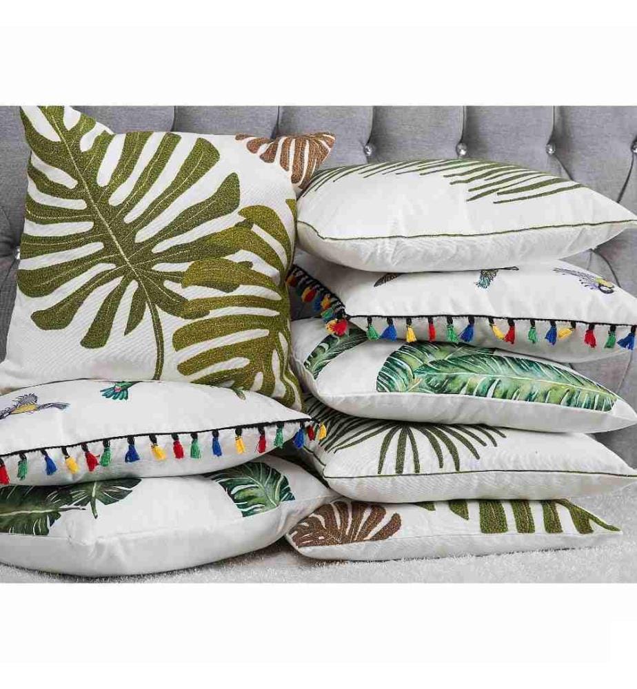 Lot de 2 Coussins Décoratifs à Motif Tropical 45 x 45 cm en Coton Blanc et Vert pour Intérieur Moderne Scandinave ou Boho