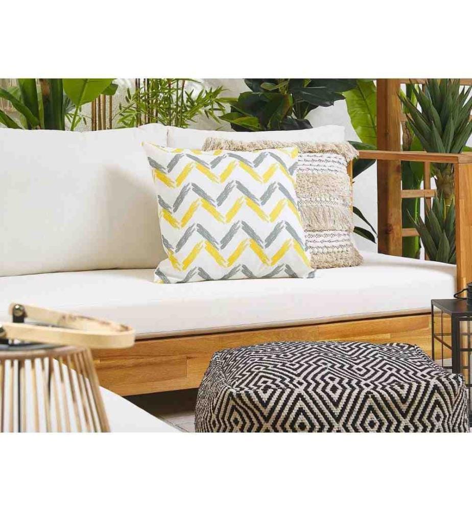 Lot de 2 Coussins Décoratifs d'Extérieur à Motif Zigzag Jaune et Gris Fond Blanc Housse Amovible et Tissu Résistant pour Jardin Terrasse