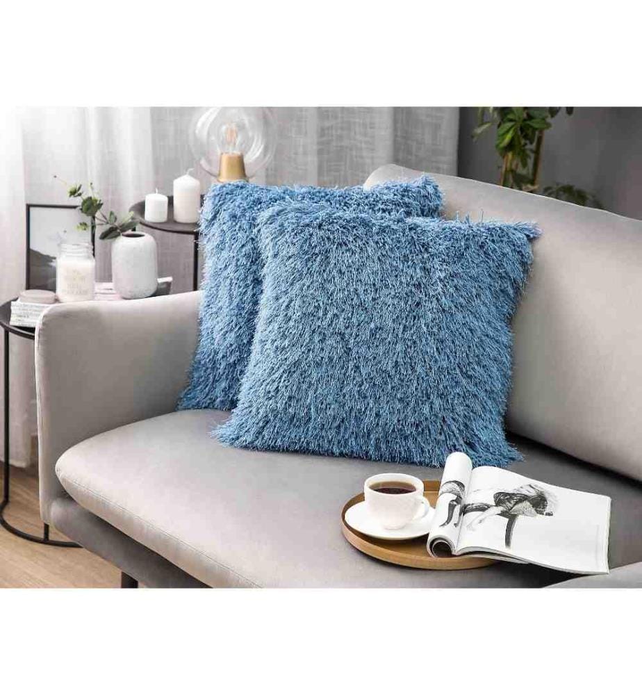 Lot de 2 Coussins Décoratifs 45 x 45 cm Shaggy Bleus pour Intérieurs au Style Moderne Scandinave ou Boho