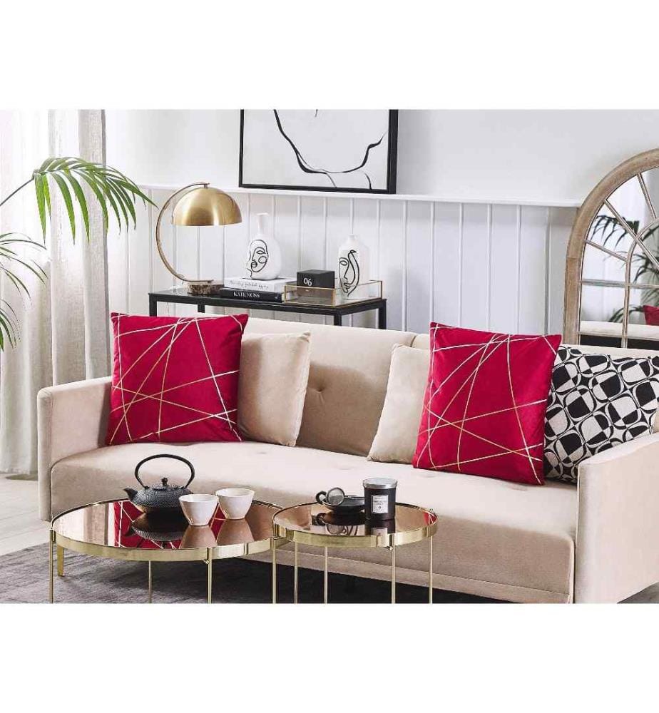 2 Coussins Déco en Velours Rouge Motif Géométrique Doré Déhoussables Idéals pour Salon ou Chambre Moderne et Glamour