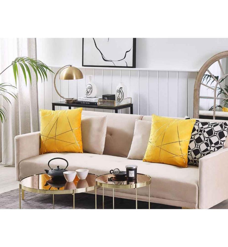 2 Coussins Déco en Velours Jaune Motif Géométrique Doré Déhoussables Idéals pour Salon ou Chambre Moderne et Glamour