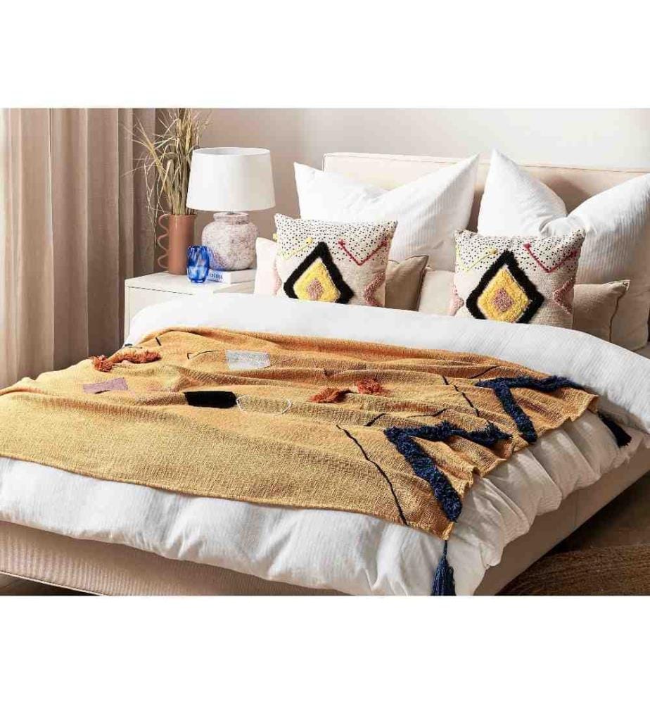 Couvre-Lit Orange en Coton 180 x 130 cm à Motif Géométrique Très Doux Déco pour Chambre de Style Boho Rustique