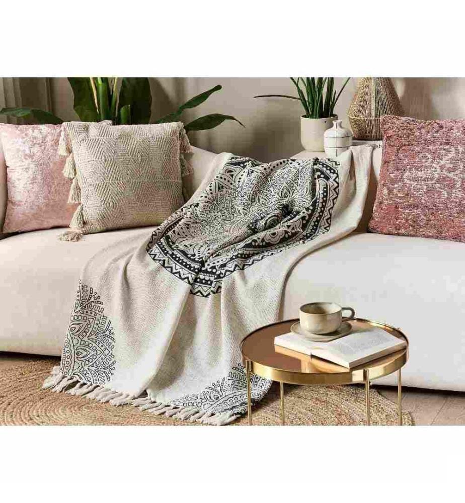 Couverture Beige et Noir en Coton 130 x 180 cm Faite à la Main Jeté de lit Cosy Motif Boho avec Pompons