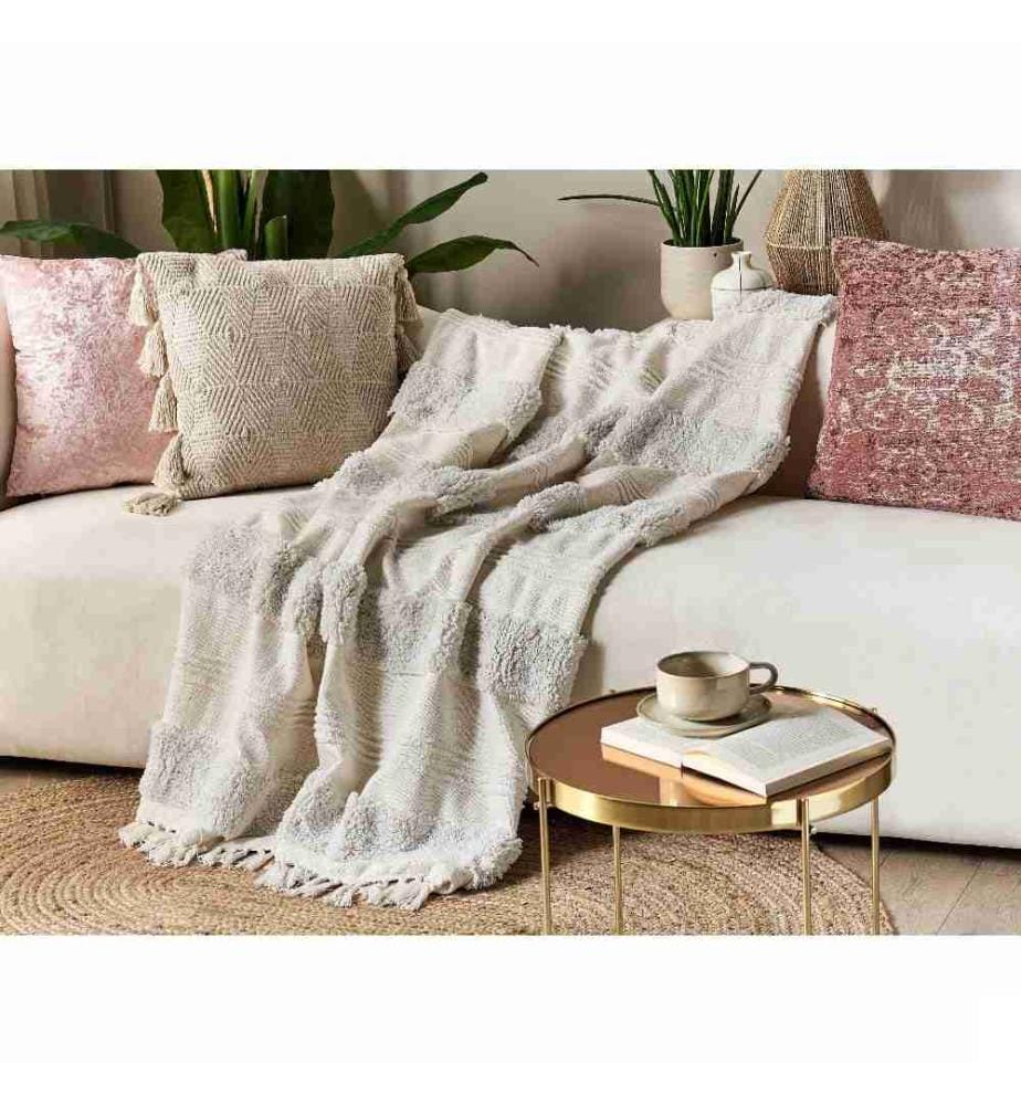 Couverture Blanche en Coton 130 x 180 cm Faite à la Main Jeté de lit Cosy Motif Rayures avec Pompons