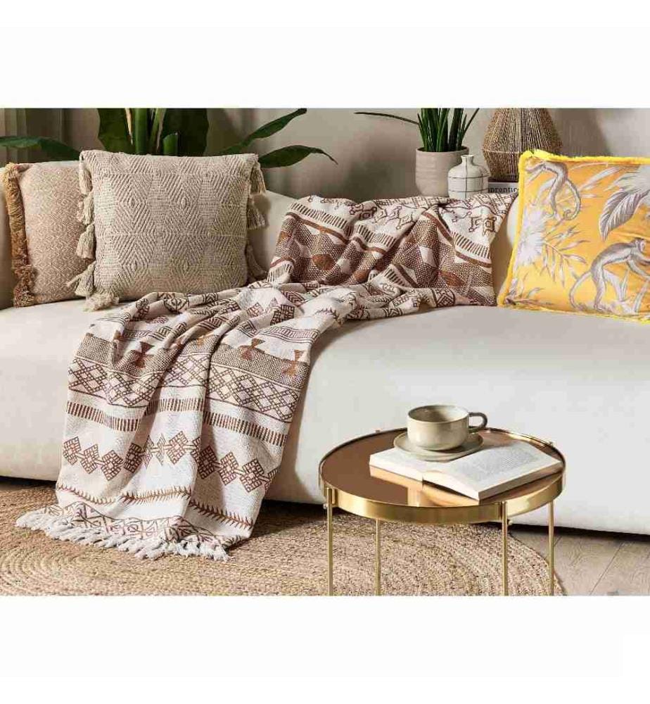 Couvre-Lit Beige et Marron en Coton 180 x 130 cm à Motif Géométrique Très Doux Déco pour Chambre de Style Boho Rustique