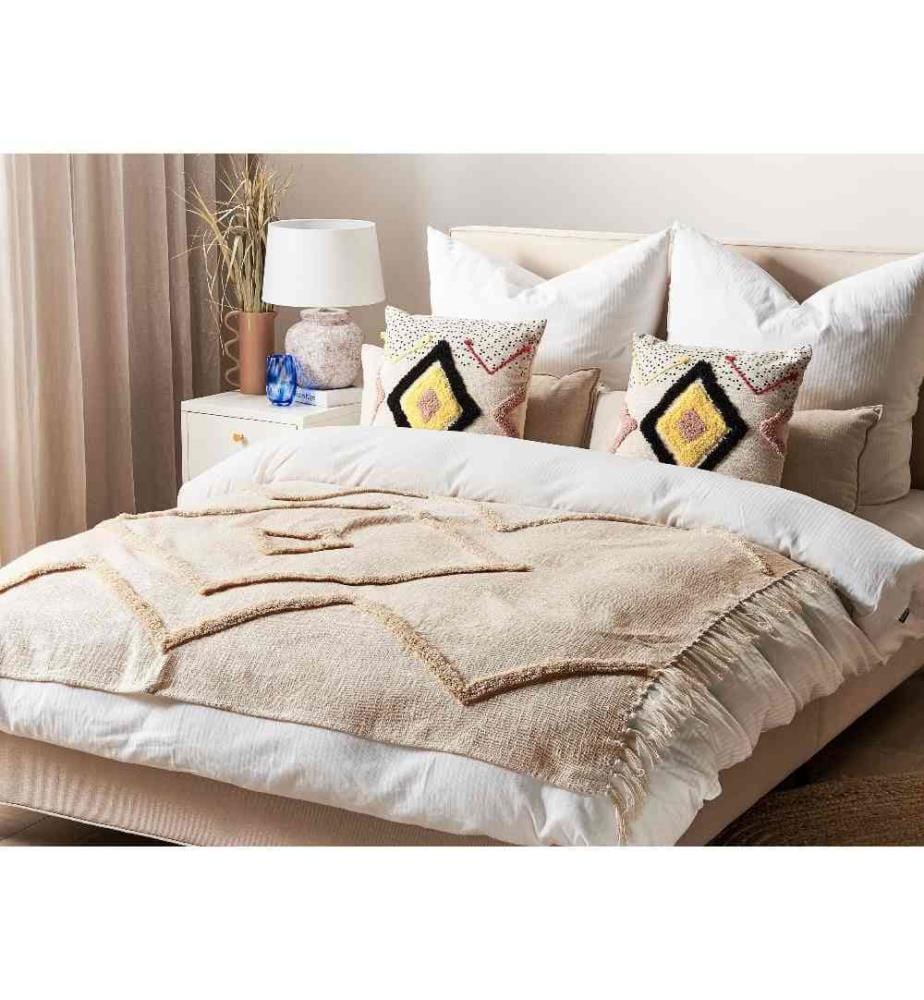 Couvre-Lit Beige en Coton 180 x 130 cm à Motif Géométrique Très Doux Déco pour Chambre de Style Boho Rustique