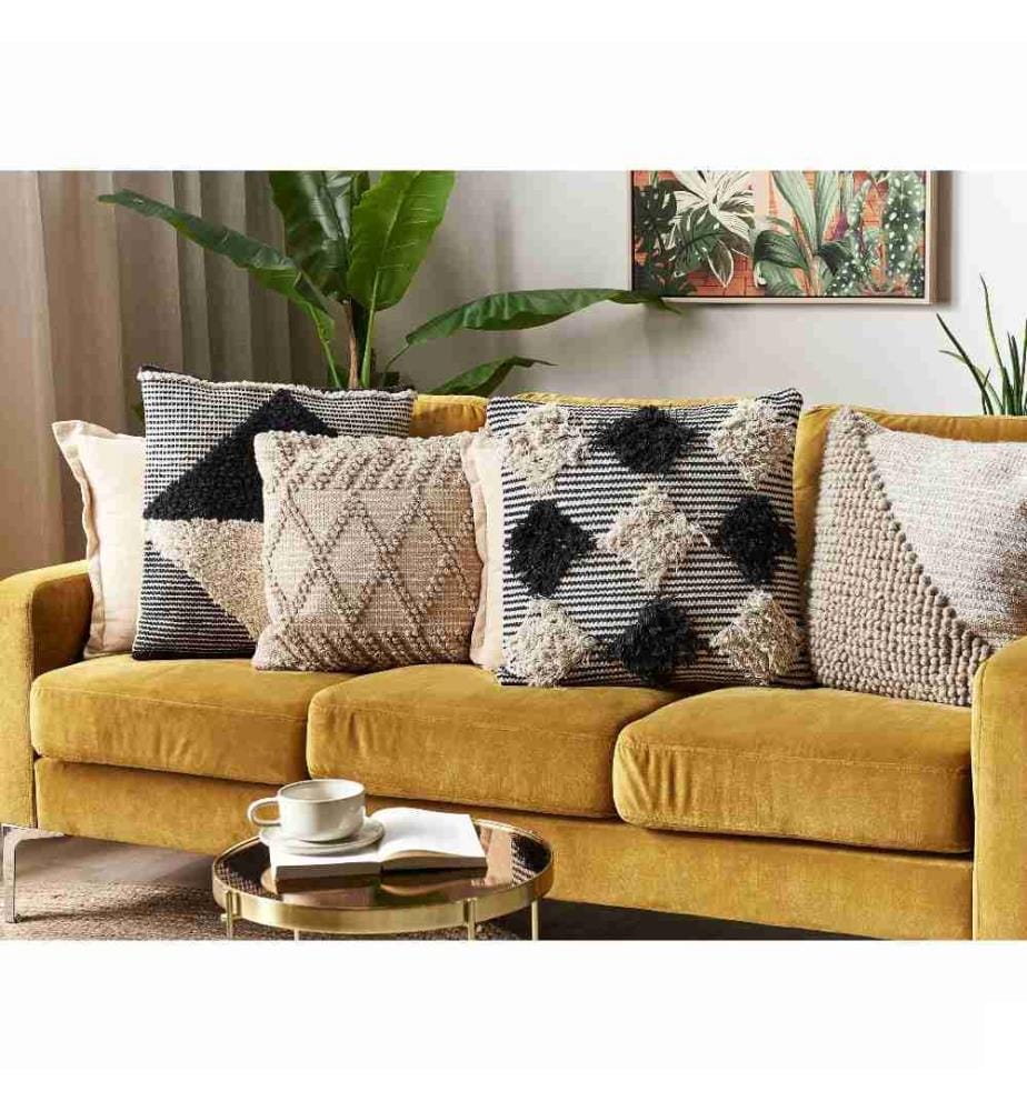 Lot de 2 Coussins Décoratifs en Coton Beige et Noir 50 x 50 cm à Motifs Géométriques Bohème Faits à la main Housse Amovible et Rembourrée.
