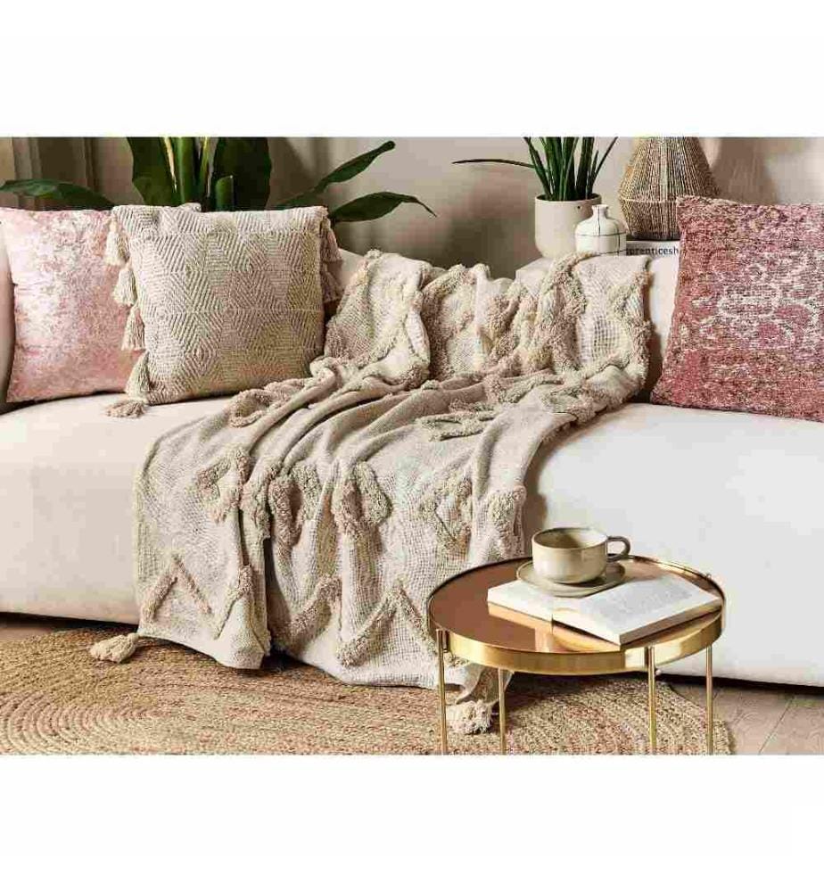 Couvre-Lit Beige en Coton 180 x 130 cm à Motif Géométrique Très Doux Déco pour Chambre de Style Boho Rustique
