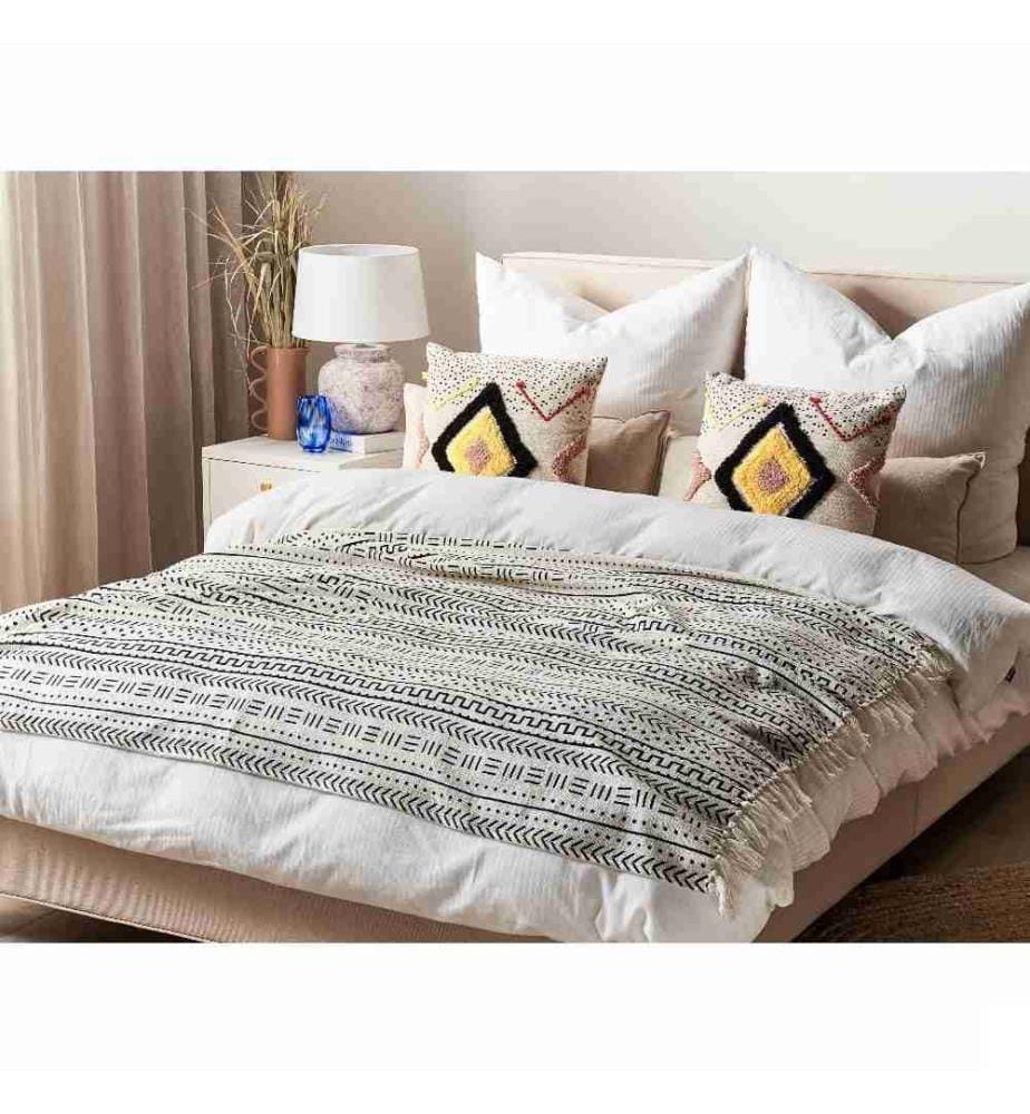 Couvre-Lit Noir et Blanc en Coton 180 x 130 cm Finement Rayé Très Doux Déco pour Chambre de Style Boho Rustique