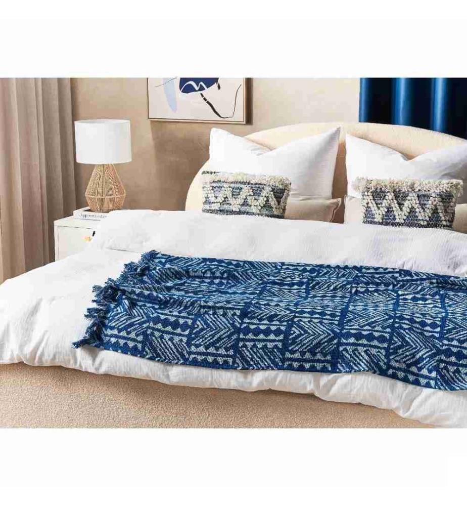 Couvre-Lit Bleu Marine en Coton 180 x 130 cm à Motif Géométrique Très Doux Déco pour Chambre de Style Boho Rustique