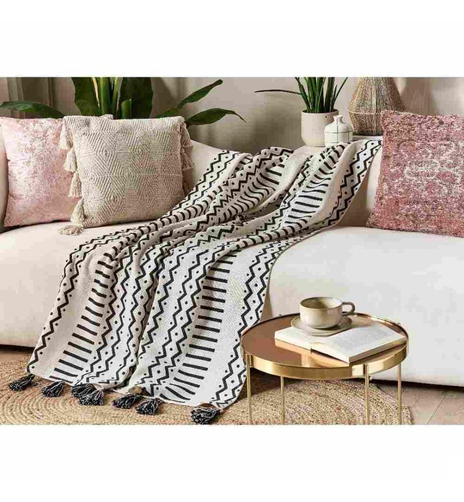 Couvre-Lit Noir et Blanc en Coton 180 x 130 cm à Motif Géométrique Très Doux Déco pour Chambre de Style Boho Rustique
