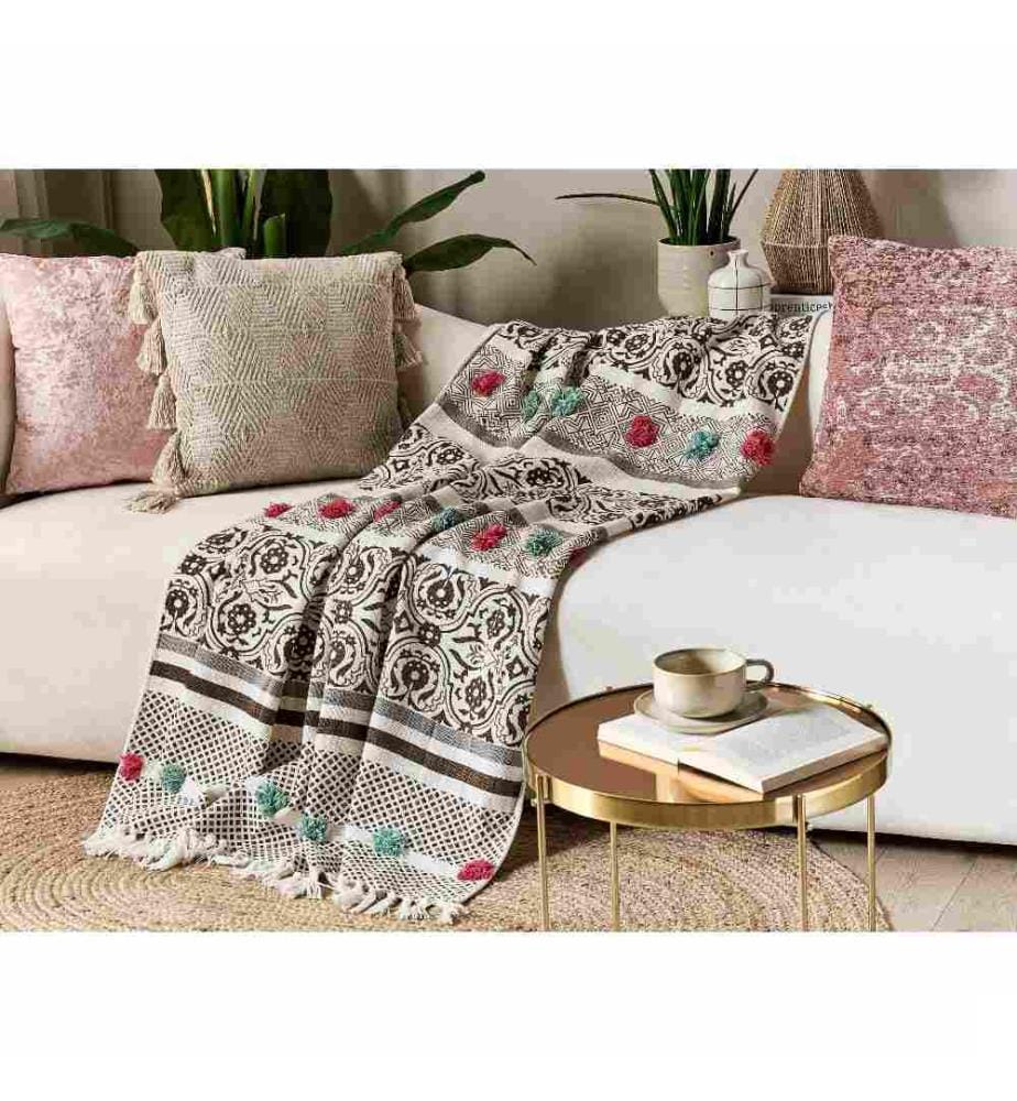 Couvre-Lit Beige et Marron en Coton 180 x 130 cm à Jolis Dessins Très Doux Déco pour Chambre de Style Boho Rustique