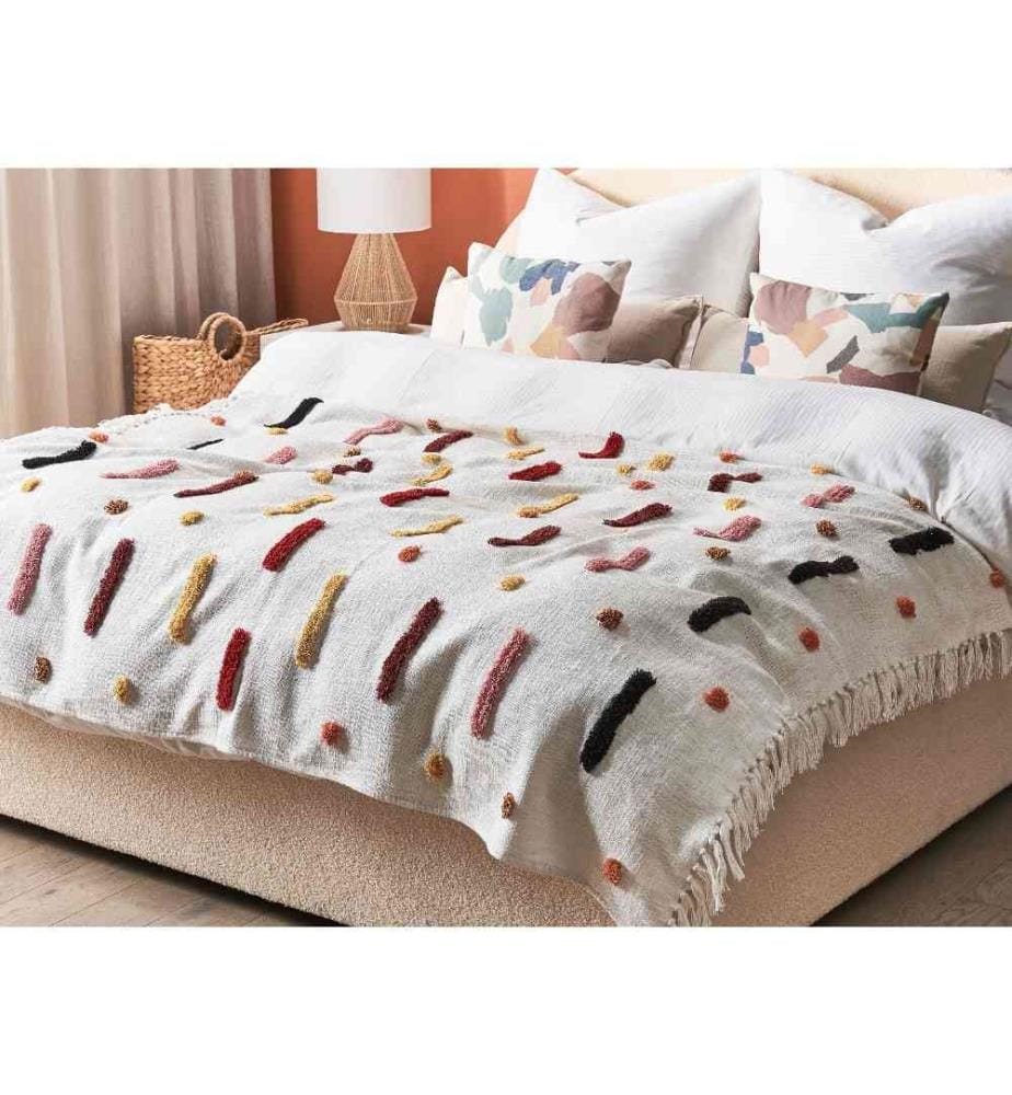 Couvre-Lit Multicolore en Coton 180 x 130 cm à Traits et Points Très Doux Déco pour Chambre de Style Boho Rustique