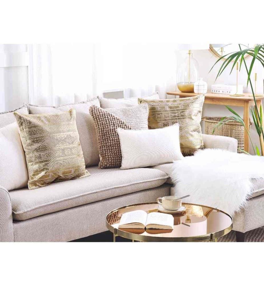 Lot de 2 Coussins Dorés en Coton 50 x 50 cm à Motif Géométrique Housse Amovible Déco Intérieure Glamour Garniture Polyester