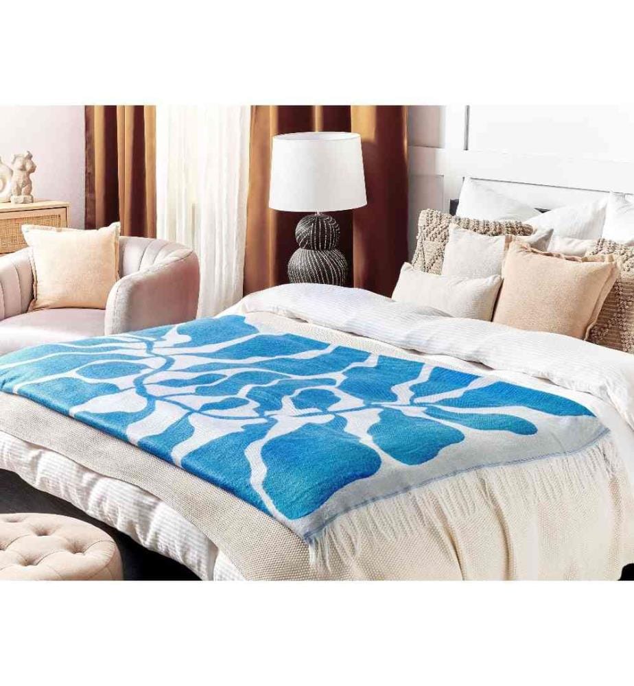 Jeté de Lit Bleu en Acrylique 130 x 170 cm à Motif Abstrait et Franges Très Doux Solution Idéale pour Chambre ou Salon