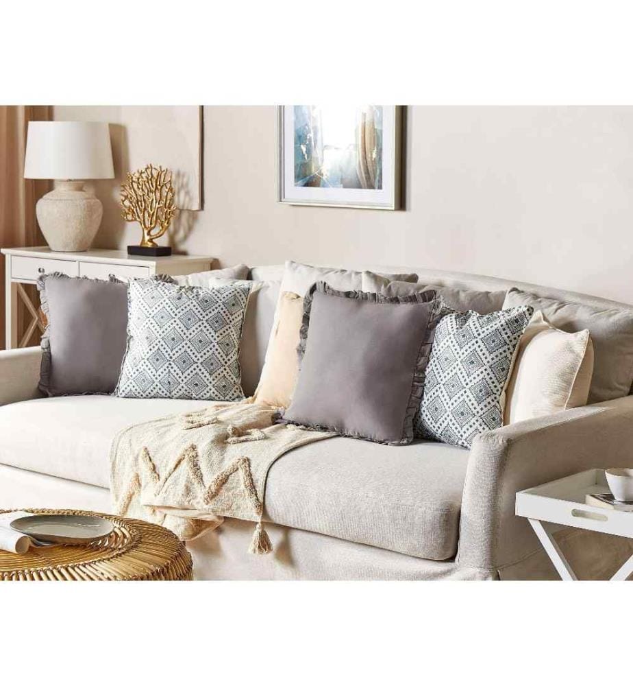 Lot de 2 Coussins Décoratifs en Lin Gris 45 x 45 cm Contour Franges Décoration Intérieure Salon Canapé