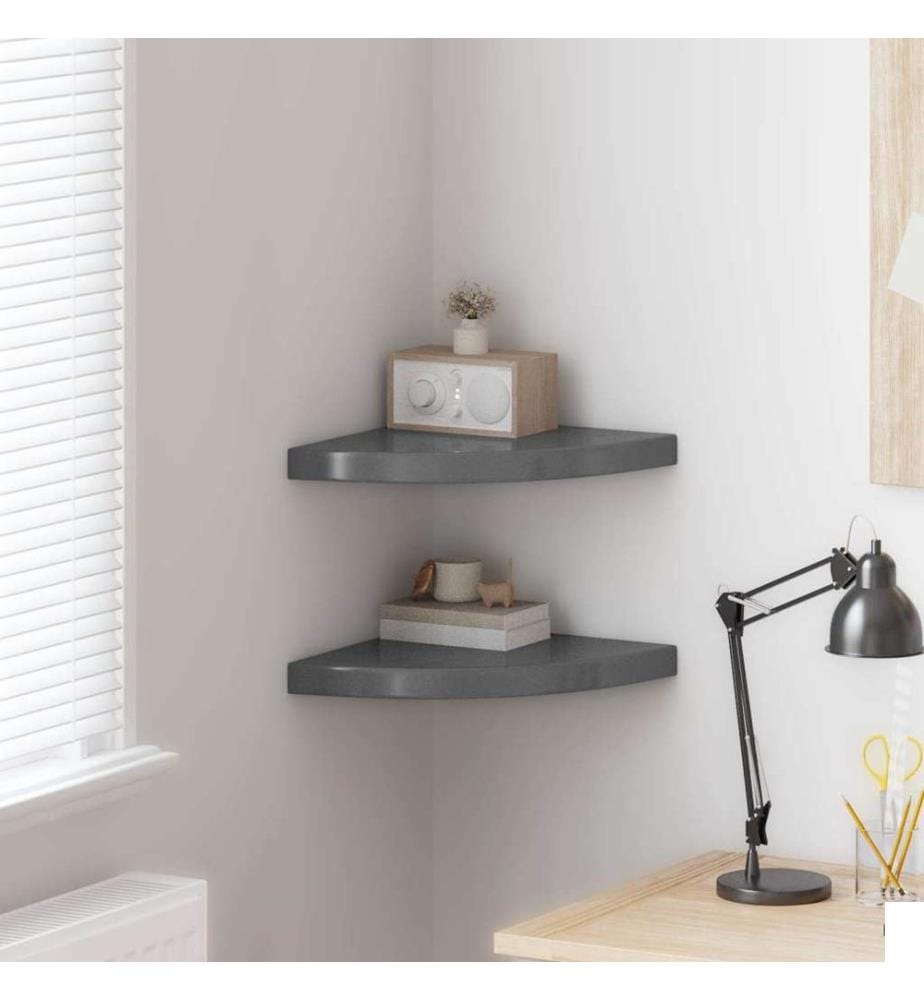 Étagères d'angle flottantes 2pcs gris brillant 35x35x3,8 cm MDF