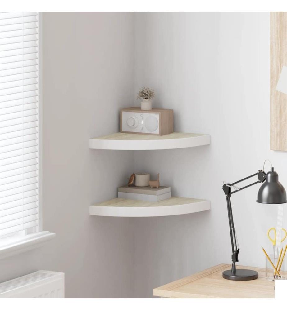 Étagères d'angle murales 2 pcs Chêne et blanc 35x35x3,8 cm MDF
