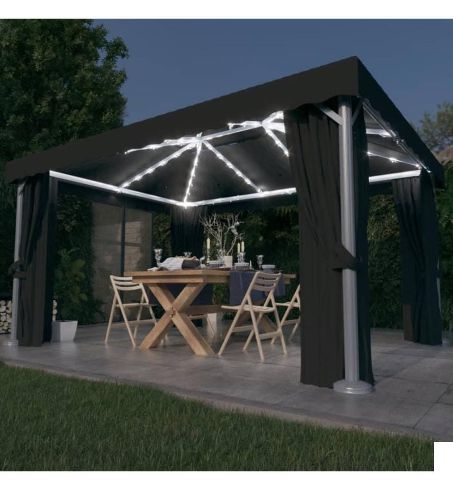 Tonnelle avec rideau et guirlande lumineuse LED 4x3m Anthracite