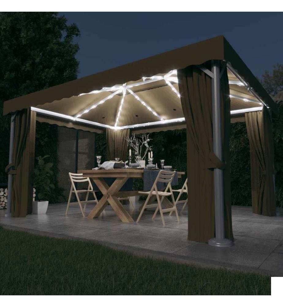 Tonnelle avec rideau et guirlande lumineuse à LED 4x3 m Taupe