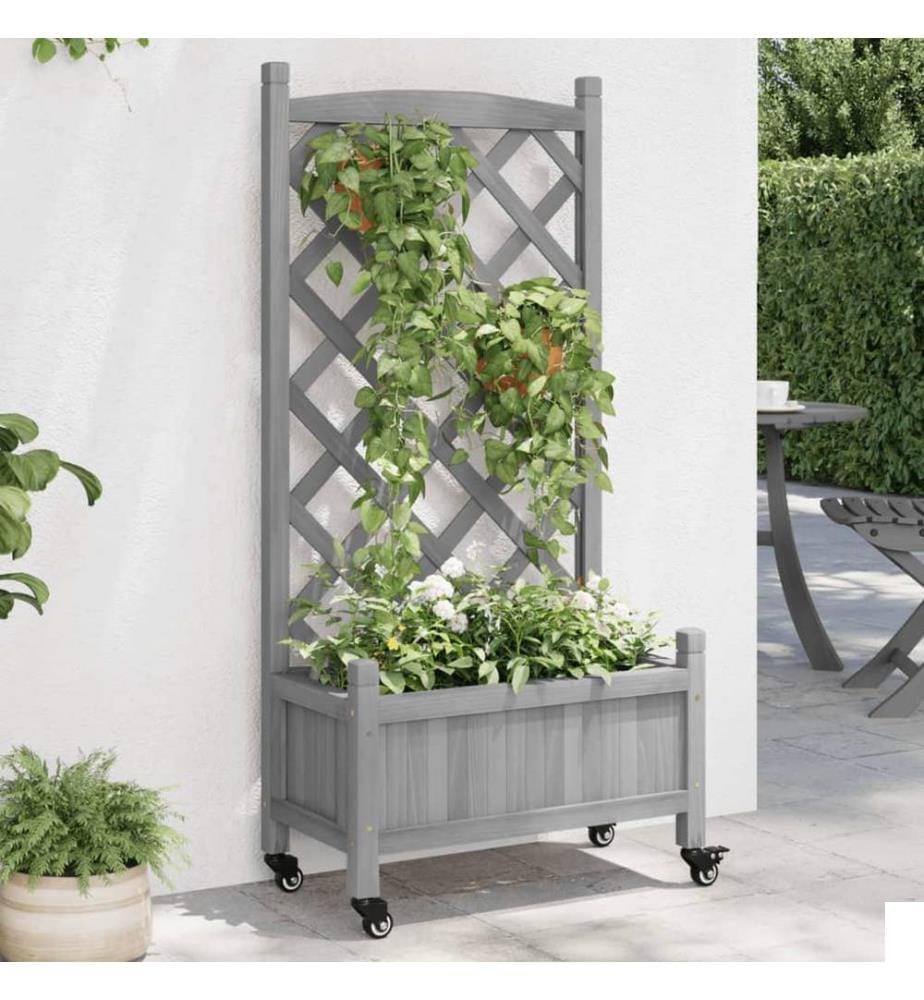 Jardinière avec treillis et roues gris bois massif de sapin