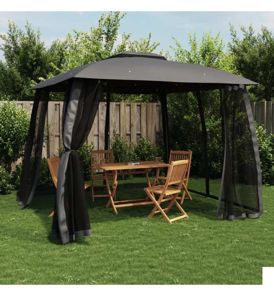 Tonnelle avec double toit et parois en filet anthracite acier