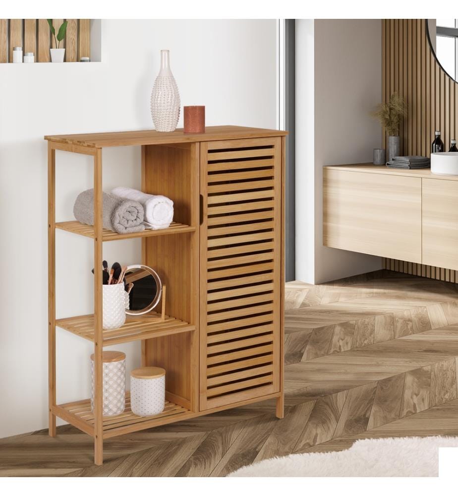 Meuble pour salle de bain Maya 1 porte en bambou - 66x33x87cm - Brun