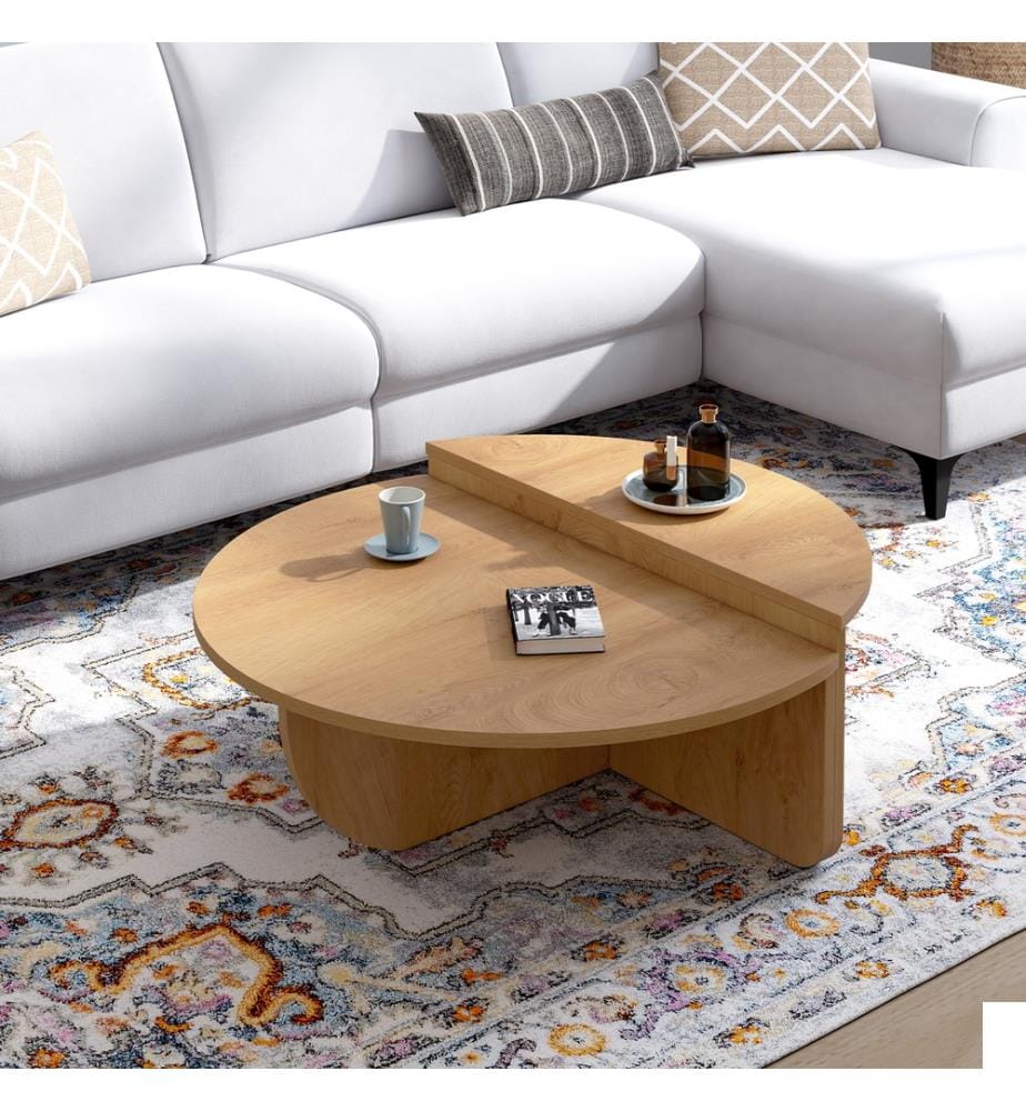 Tables basses rondes asymétriques effet bois