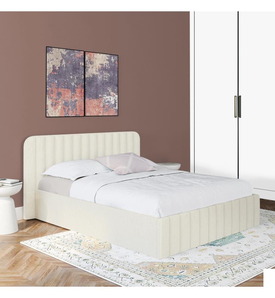 Lit coffre Valentina en tissu bouclette avec sommier et tête de lit 160x200cm - Blanc