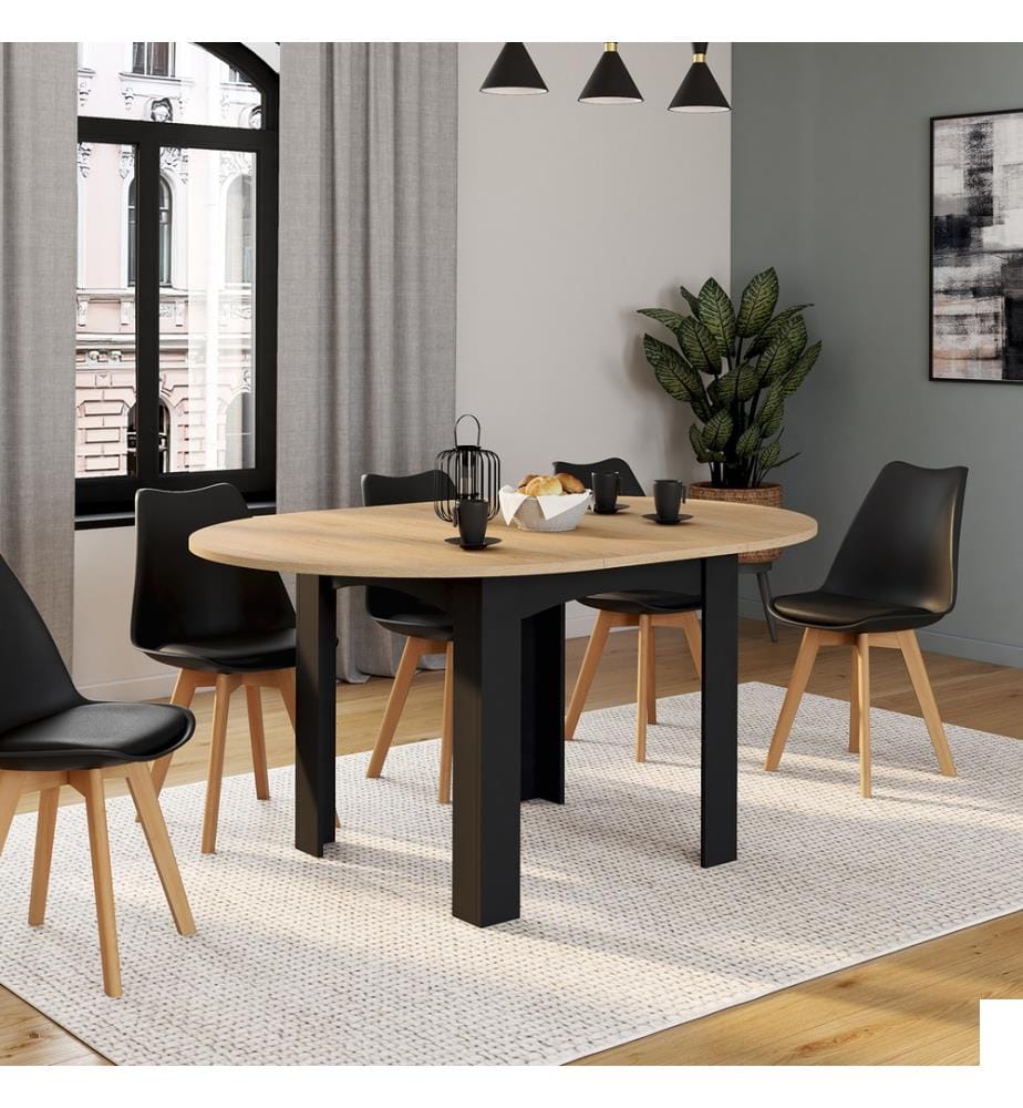 Table repas extensible Dina 110-150cm plateau rond - Brun et noir
