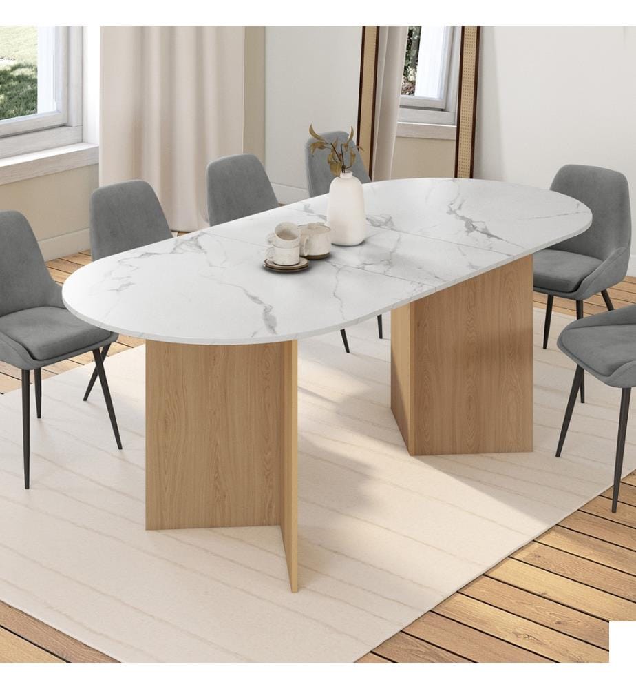 Table à manger extensible Gabin effet marbre blanc et pieds design 160-200cm
