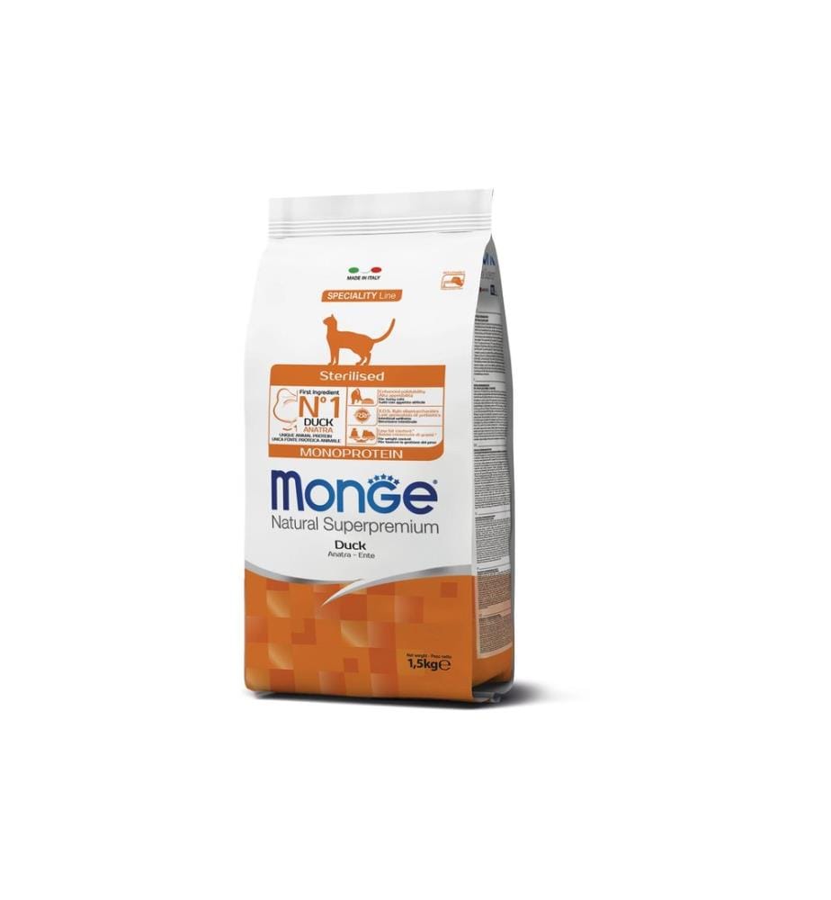MONGE - Alimentation sèche Chat Monoprotéine Stérilisé Canard 1.5 kg