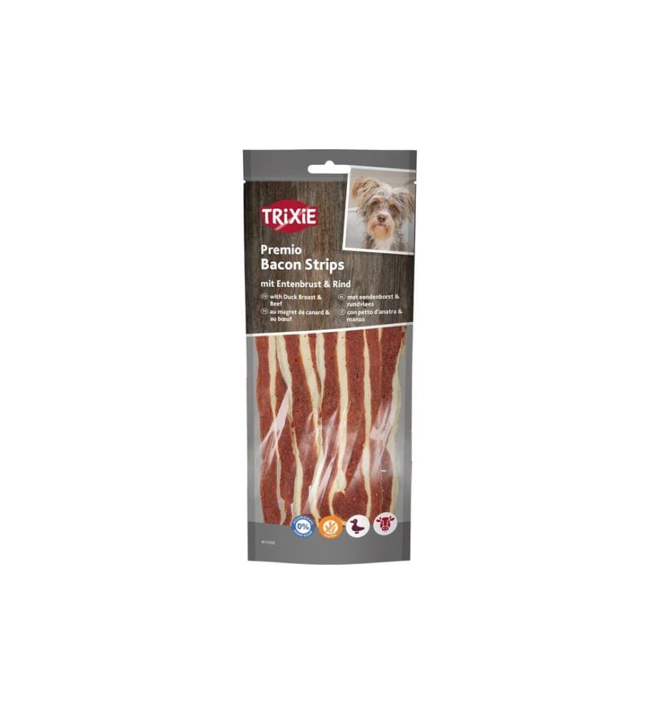 Trixie Premio Bacon Strips avec magret de canard & buf, 19 cm, 80 g
