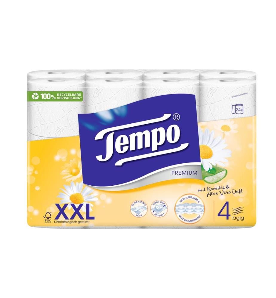 TEMPO - Papier toilette Camomille & Aloe Vera 24 rouleaux, 4 plis