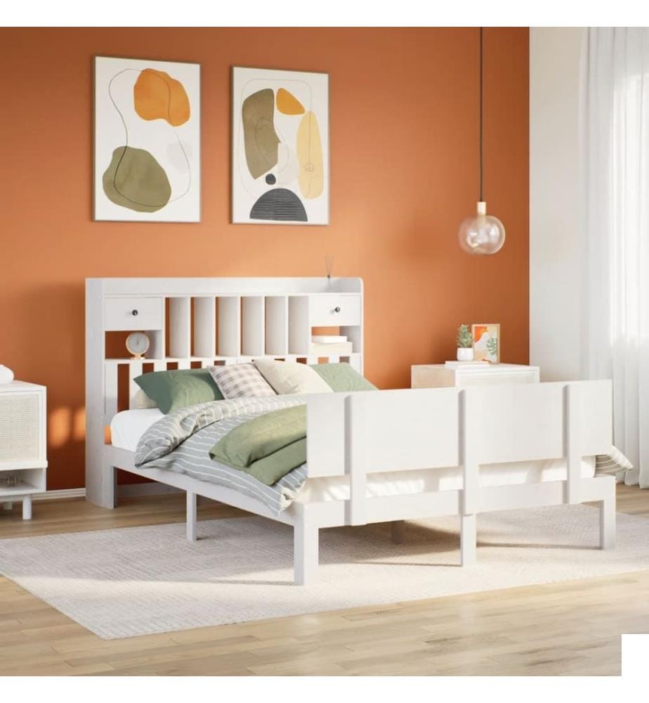 Lit bibliothèque sans matelas blanc 140x200 cm bois pin massif