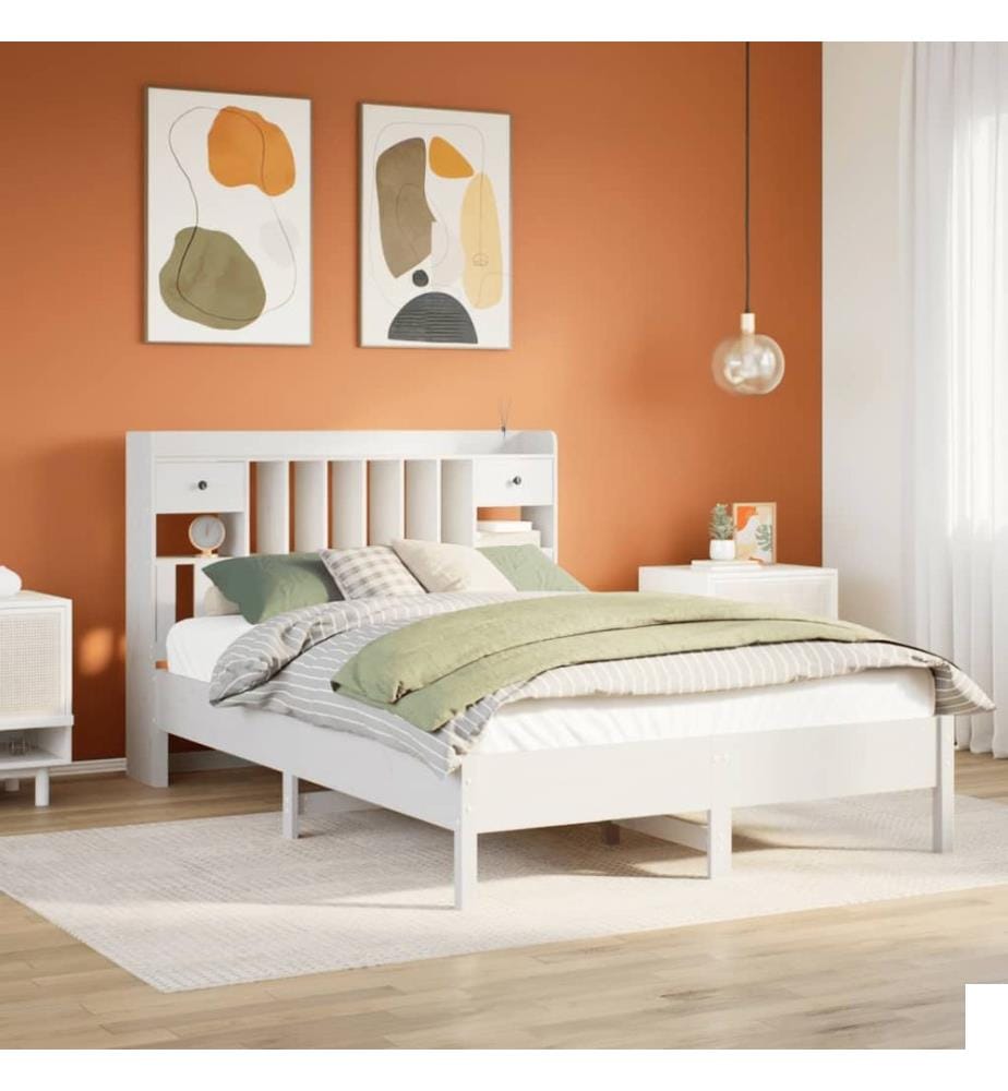Lit bibliothèque sans matelas blanc 160x200 cm bois pin massif