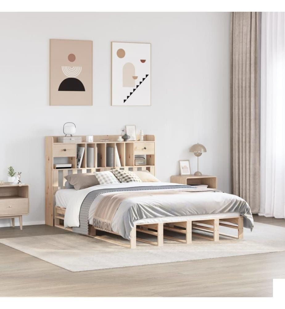 Lit bibliothèque sans matelas 140x200 cm bois massif de pin