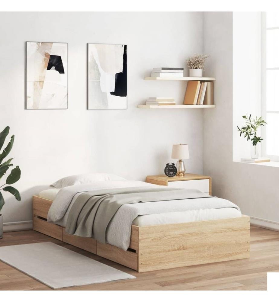 Cadre de lit et tiroirs chêne sonoma 90x190cm bois d'ingénierie