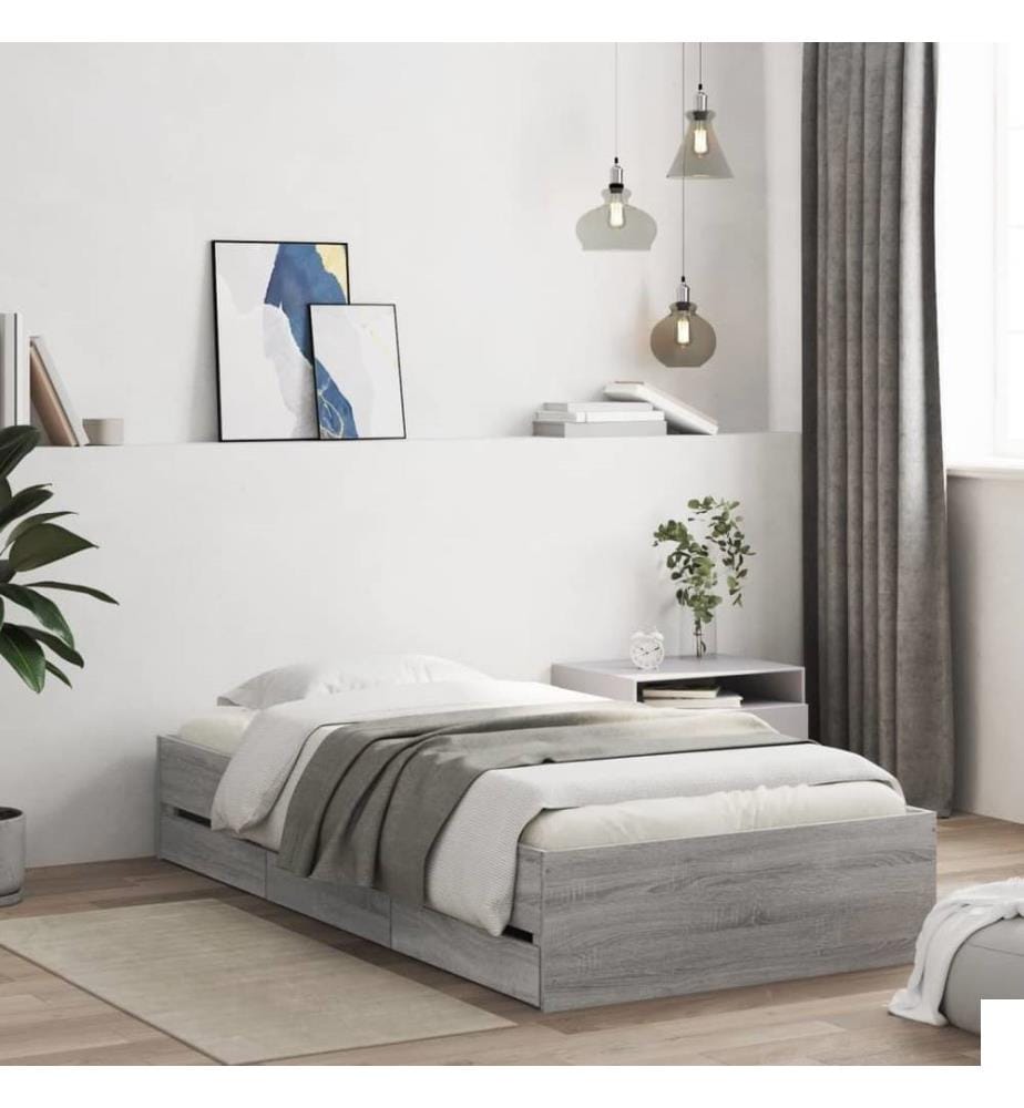 Cadre de lit et tiroirs sonoma gris 90x190 cm bois d'ingénierie