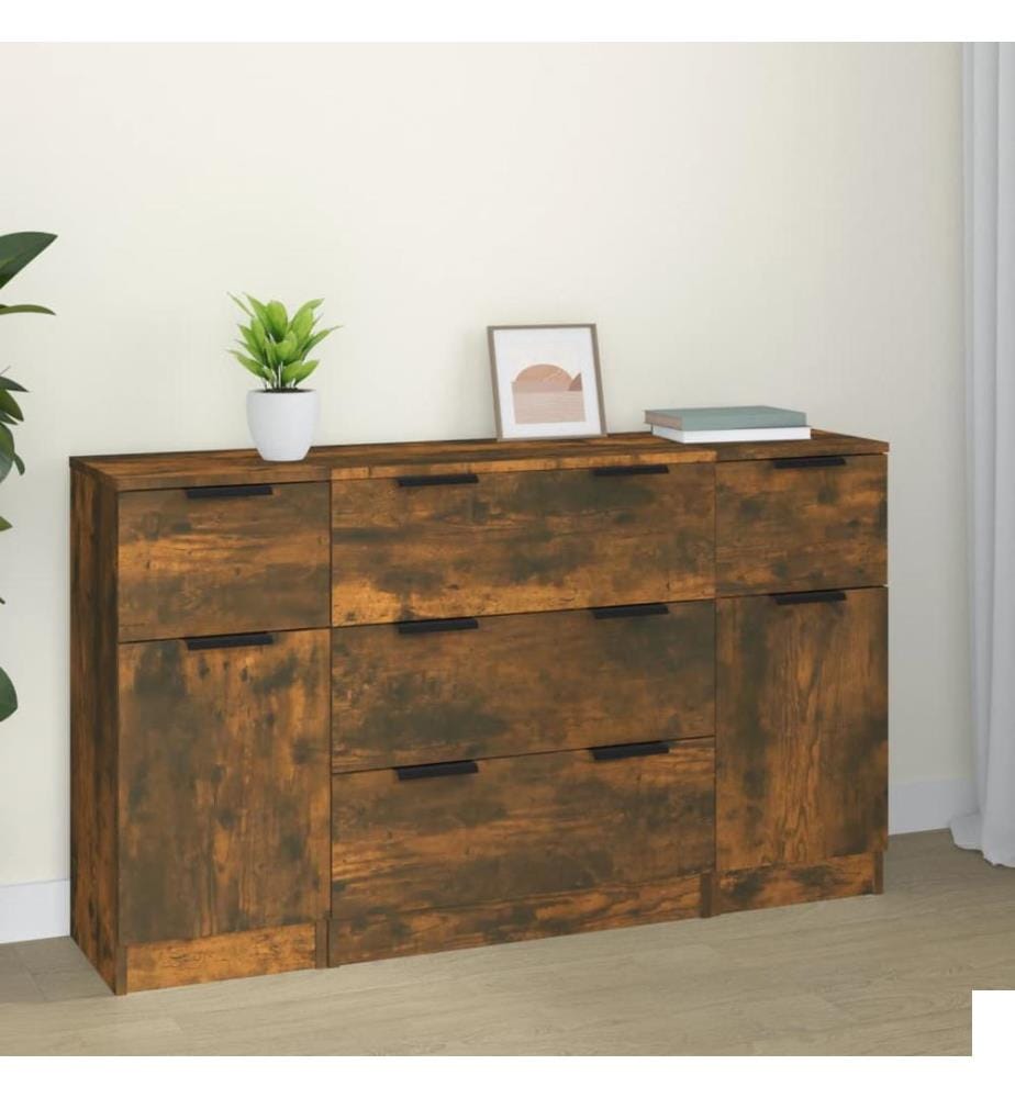 Ensemble de buffets 3 pcs chêne fumé bois d'ingénierie
