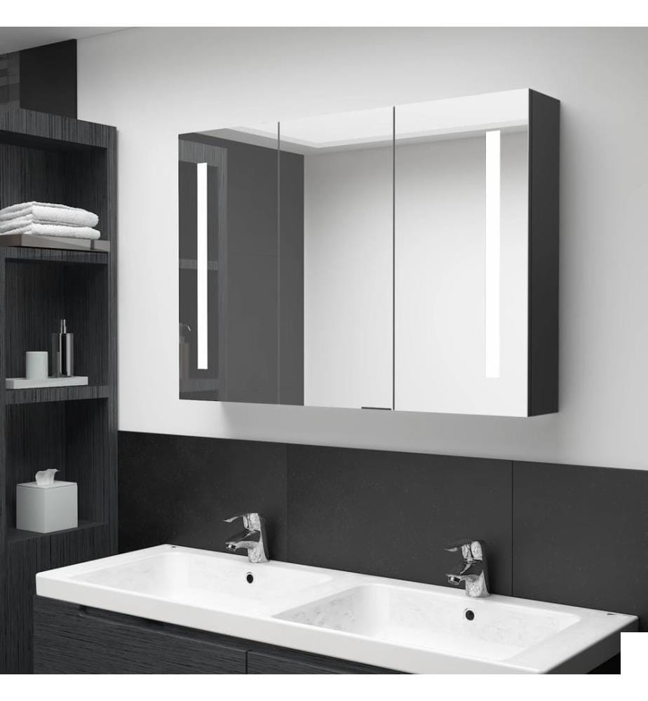 Armoire de salle de bain à miroir LED 89x14x62 cm noir brillant