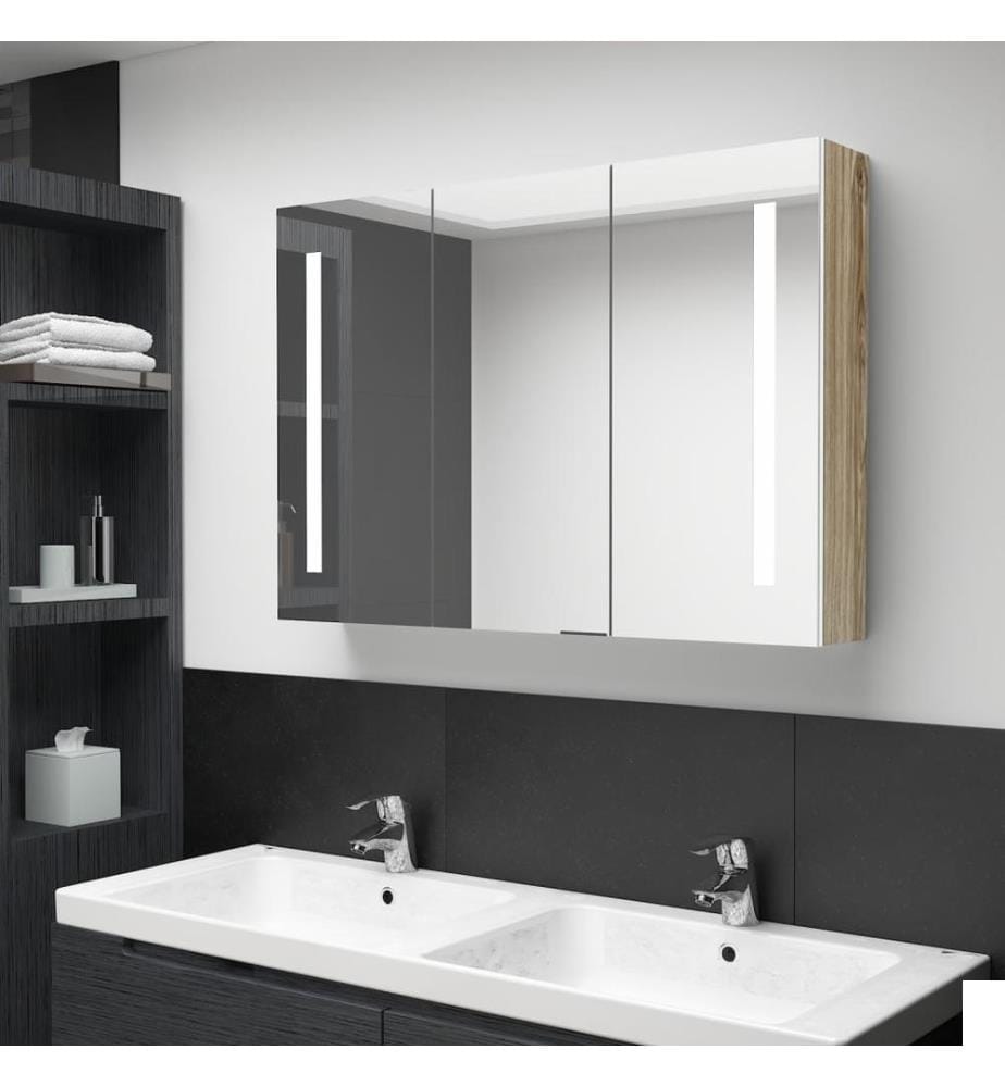 Armoire de salle de bain à miroir LED 89x14x62cm blanc et chêne