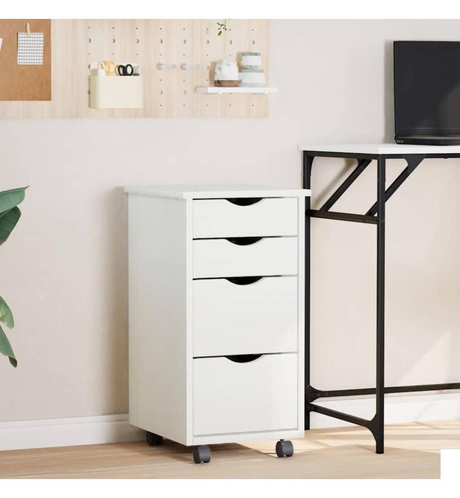 Armoire roulante avec tiroirs MOSS blanc bois de pin solide