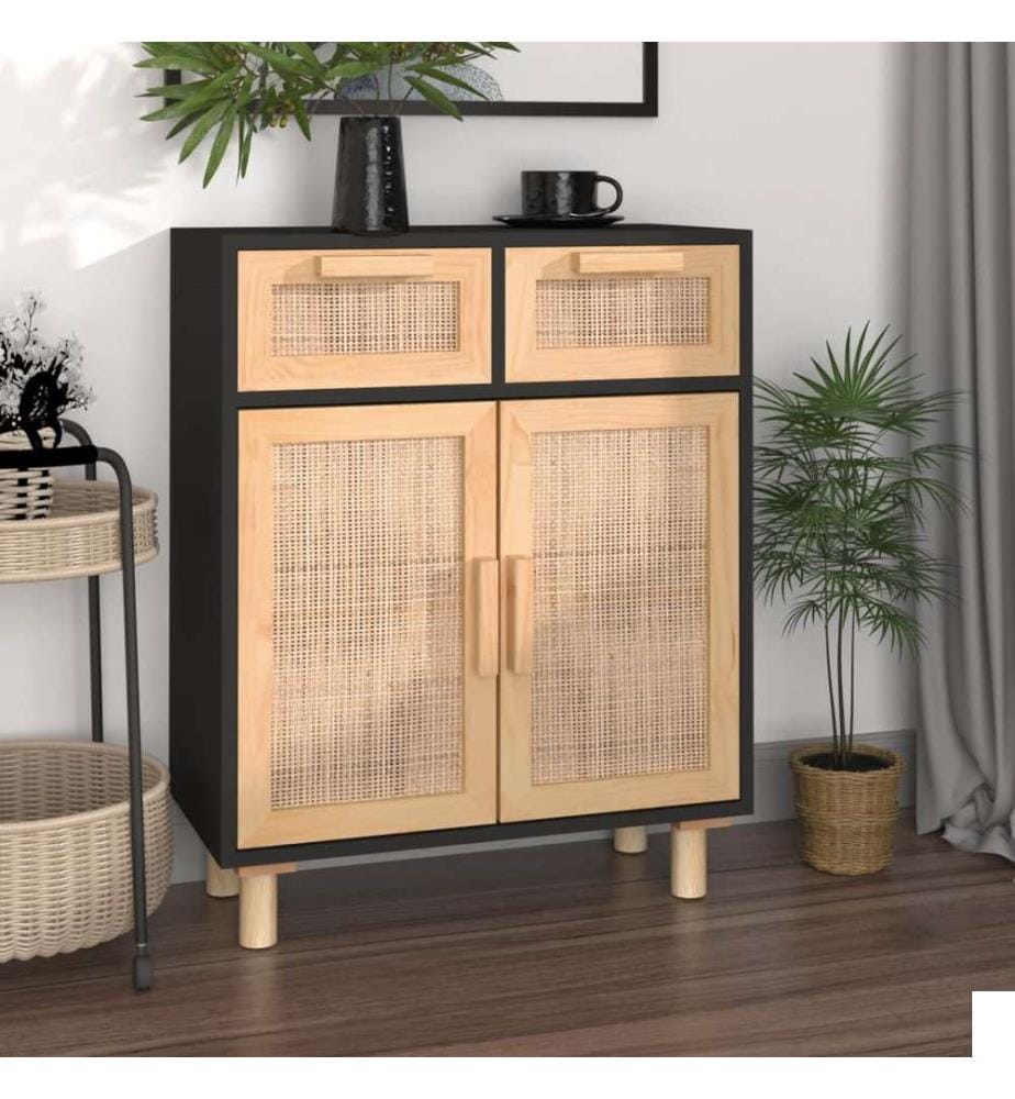 Buffet Noir 60x30x75 cm Bois de pin massif et rotin naturel